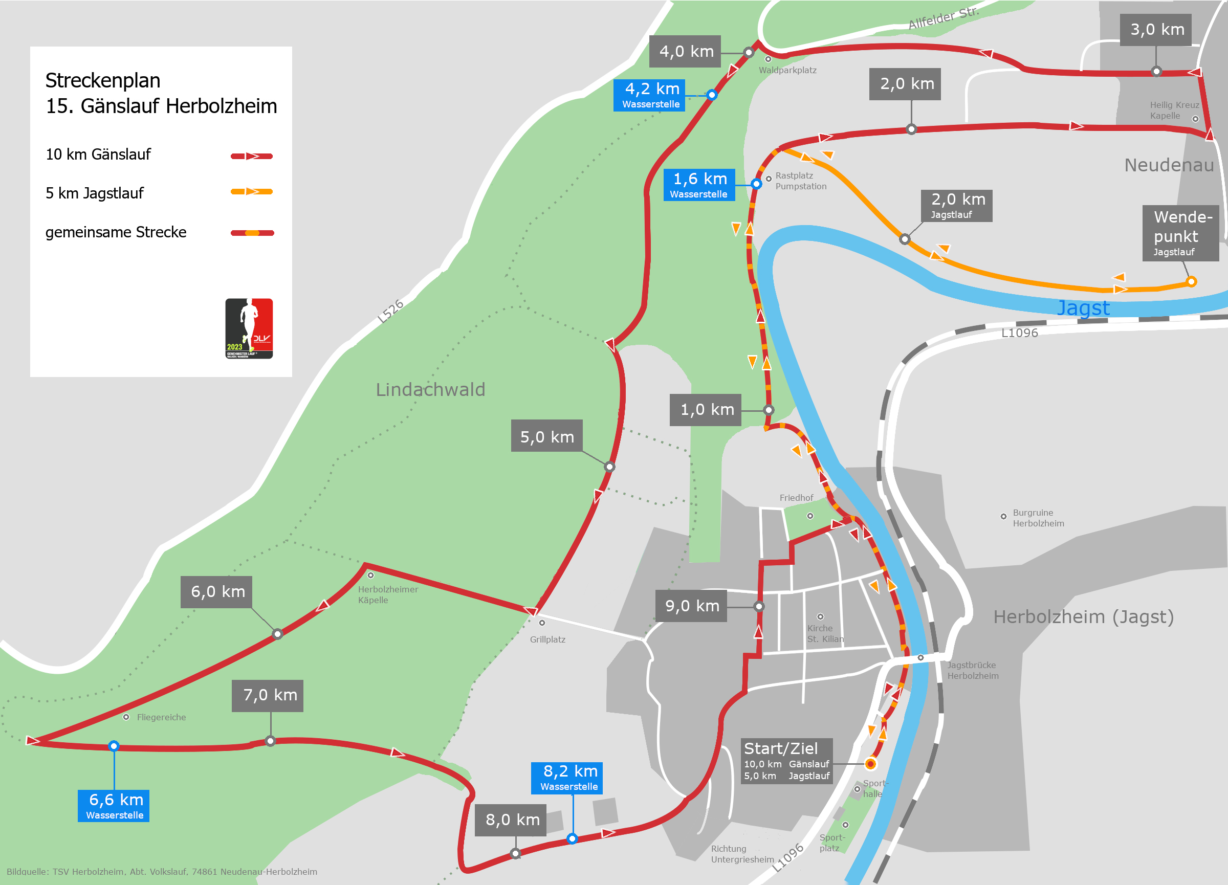 Streckenplan 16. Gänslauf Herbolzheim (10 km und 5km Lauf)